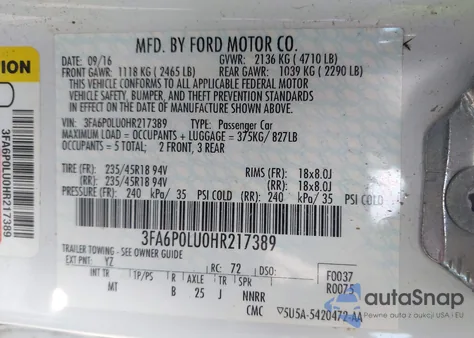 2017 Ford Fusion Hybrid Se z USA, uszkodzony, nr VIN 3FA6P0LU0HR217389